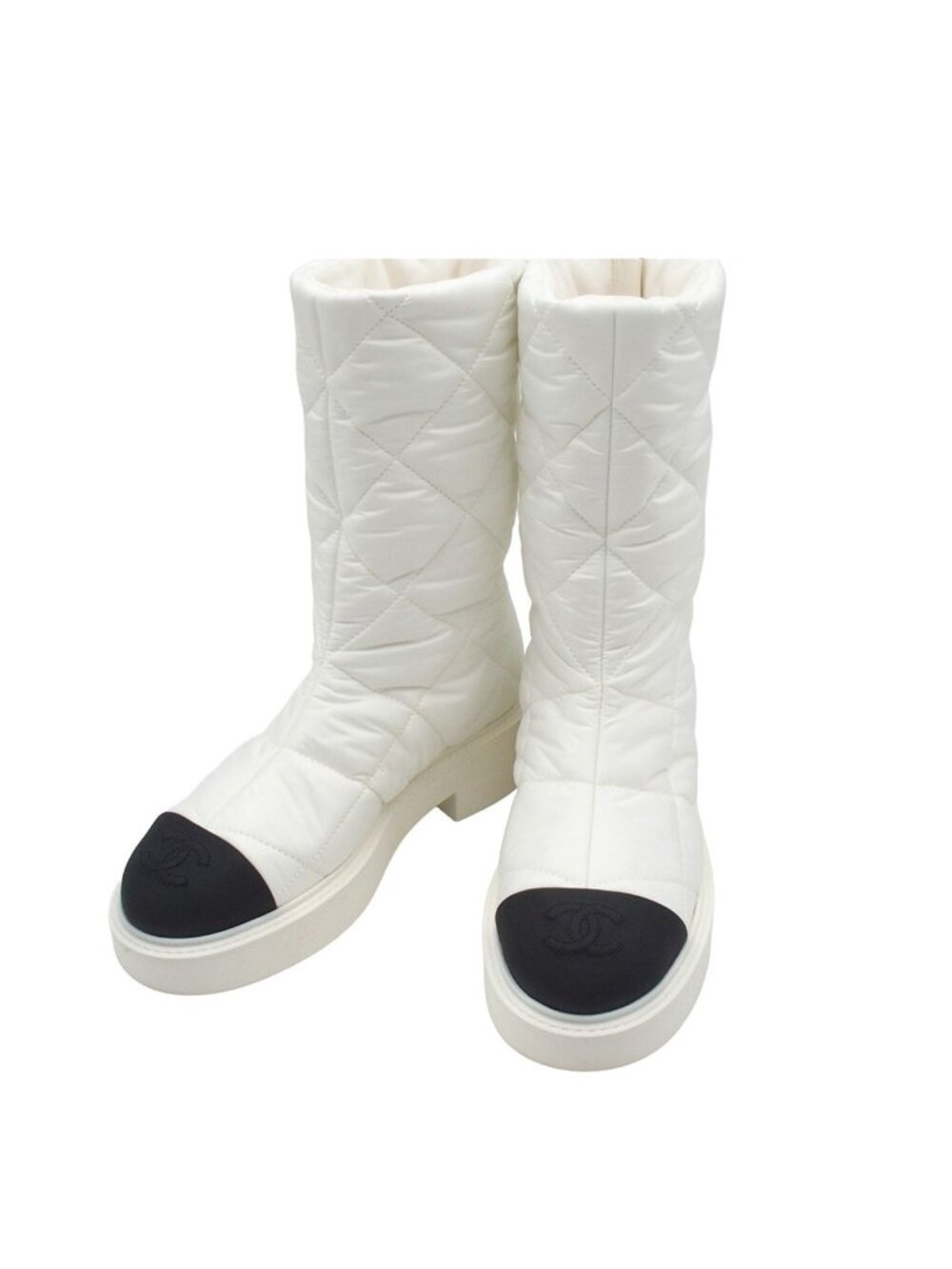 Chanel Middle Zip Up Boots White Fabric Quilted CC Logo 36C